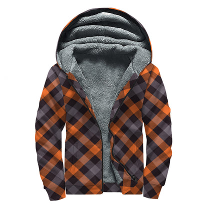 Halloween Buffalo Check Pattern Print Sherpa Lined Zip Up Hoodie