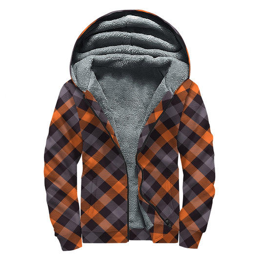 Halloween Buffalo Check Pattern Print Sherpa Lined Zip Up Hoodie
