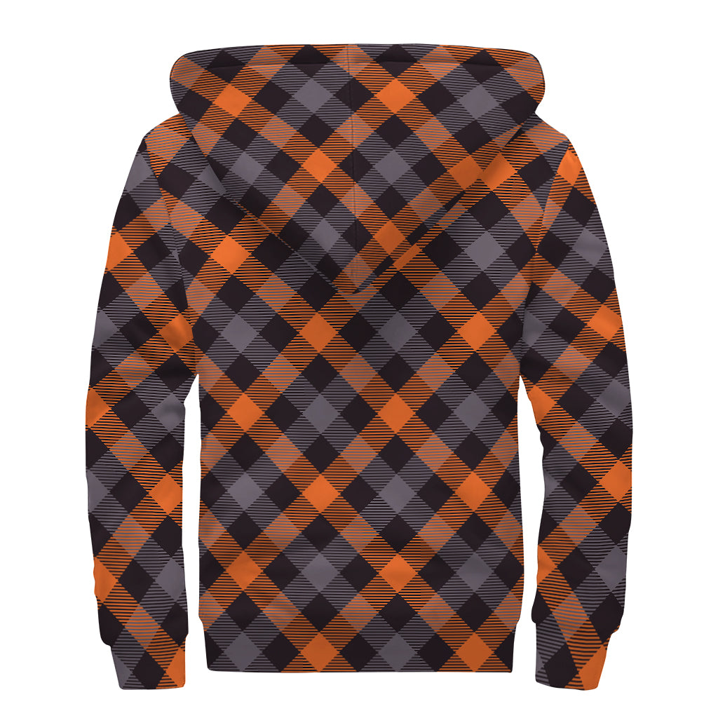 Halloween Buffalo Check Pattern Print Sherpa Lined Zip Up Hoodie