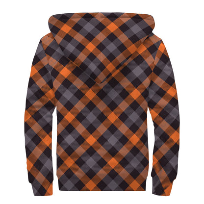 Halloween Buffalo Check Pattern Print Sherpa Lined Zip Up Hoodie