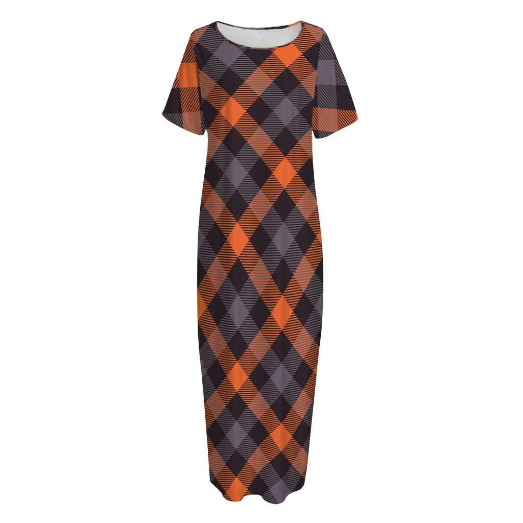 Halloween Buffalo Check Pattern Print Short Sleeve Long Nightdress