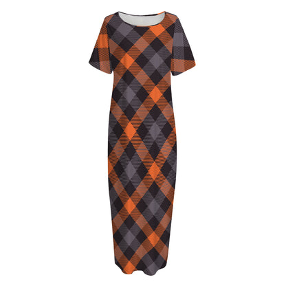 Halloween Buffalo Check Pattern Print Short Sleeve Long Nightdress