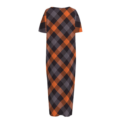 Halloween Buffalo Check Pattern Print Short Sleeve Long Nightdress
