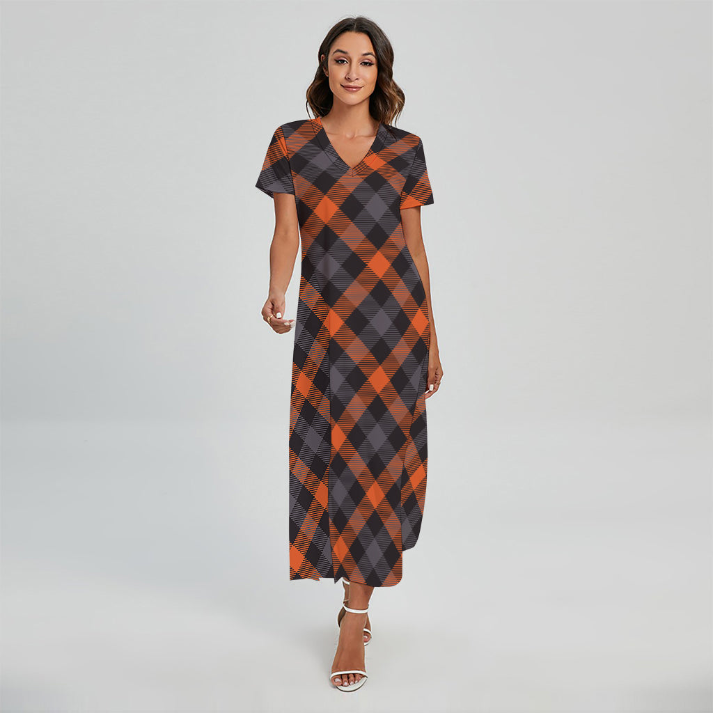 Halloween Buffalo Check Pattern Print Short Sleeve Maxi Dress