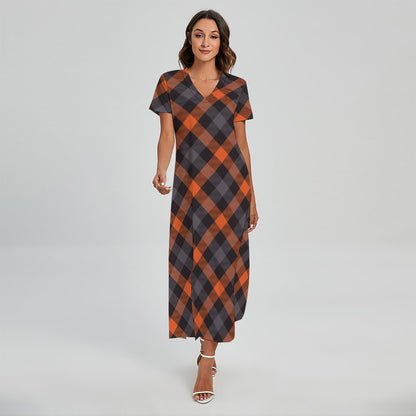 Halloween Buffalo Check Pattern Print Short Sleeve Maxi Dress
