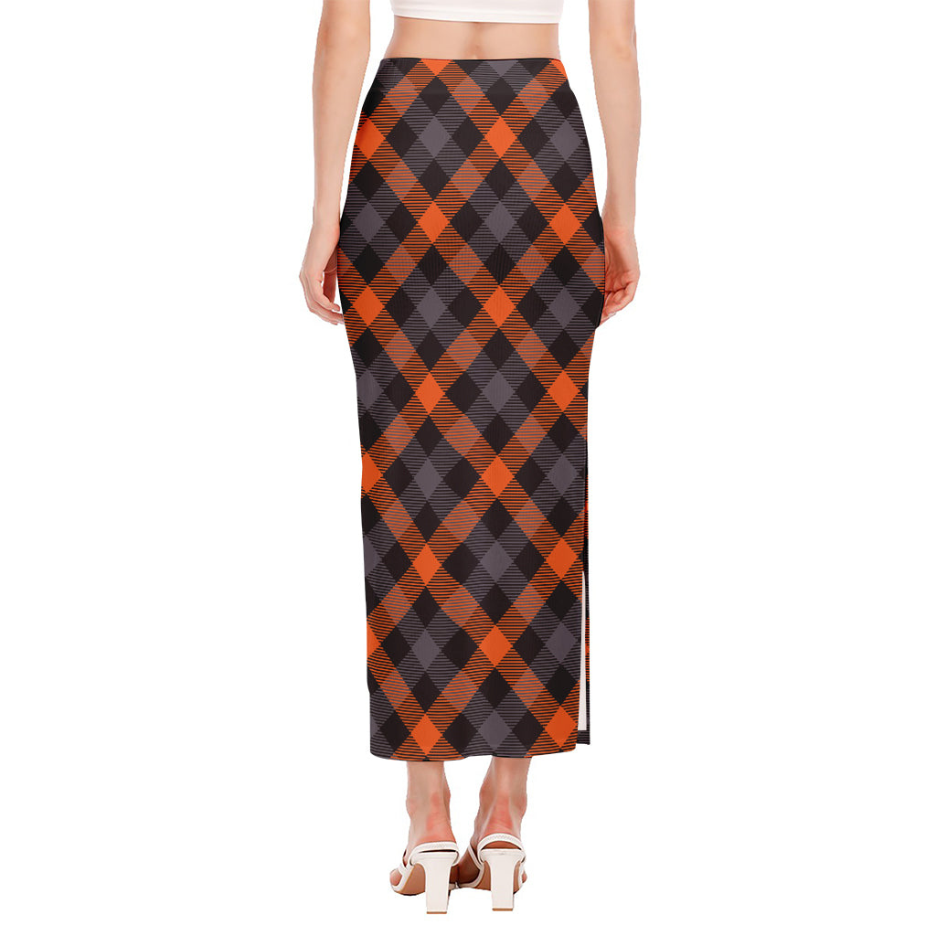 Halloween Buffalo Check Pattern Print Side Slit Maxi Skirt