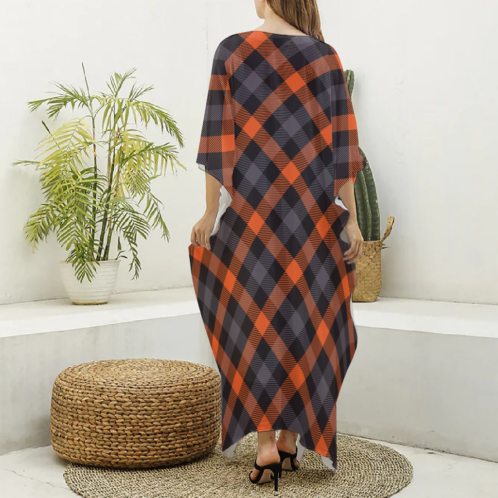 Halloween Buffalo Check Pattern Print Silk V-Neck Kaftan Dress