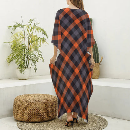 Halloween Buffalo Check Pattern Print Silk V-Neck Kaftan Dress