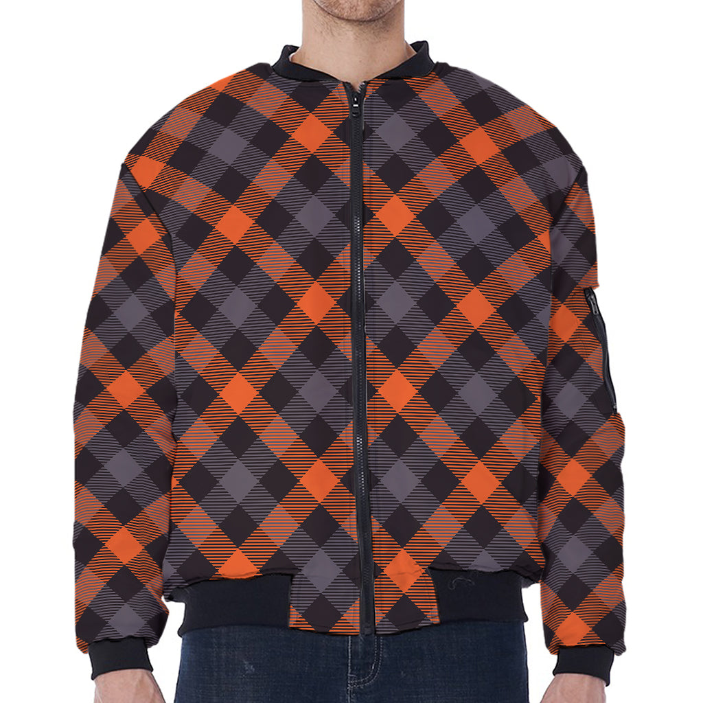 Halloween Buffalo Check Pattern Print Zip Sleeve Bomber Jacket