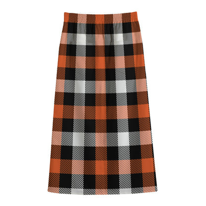 Halloween Buffalo Plaid Pattern Print Cotton Front Slit Maxi Skirt