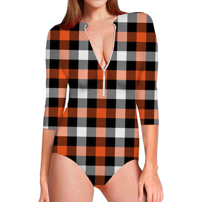 Halloween Buffalo Plaid Pattern Print Long Sleeve Swimsuit