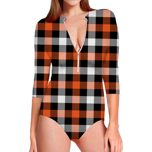 Halloween Buffalo Plaid Pattern Print Long Sleeve Swimsuit