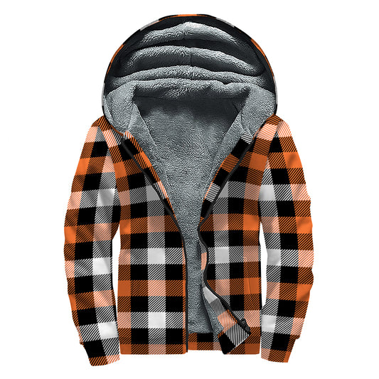 Halloween Buffalo Plaid Pattern Print Sherpa Lined Zip Up Hoodie
