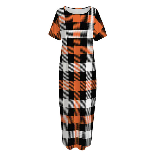 Halloween Buffalo Plaid Pattern Print Short Sleeve Long Nightdress