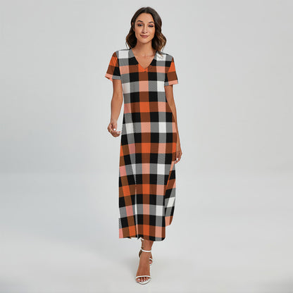 Halloween Buffalo Plaid Pattern Print Short Sleeve Maxi Dress