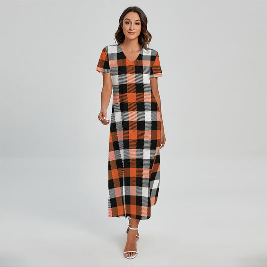 Halloween Buffalo Plaid Pattern Print Short Sleeve Maxi Dress