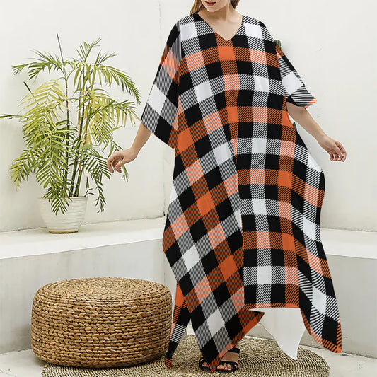 Halloween Buffalo Plaid Pattern Print Silk V-Neck Kaftan Dress