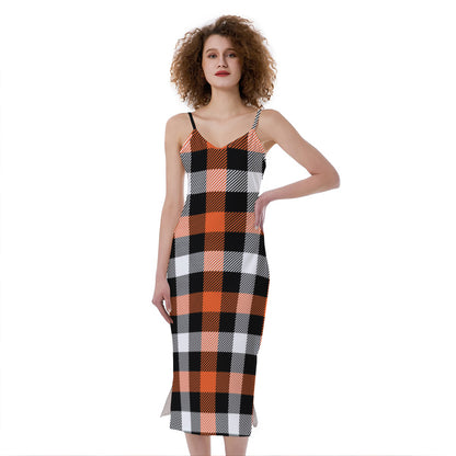 Halloween Buffalo Plaid Pattern Print Slim Fit Midi Cami Dress