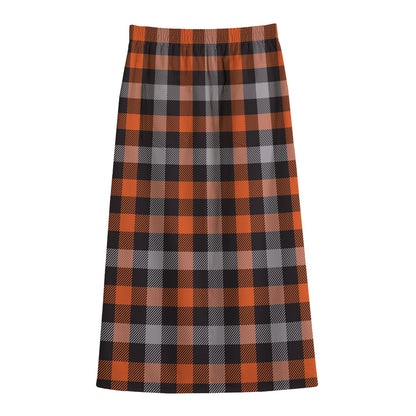 Halloween Buffalo Plaid Print Cotton Front Slit Maxi Skirt