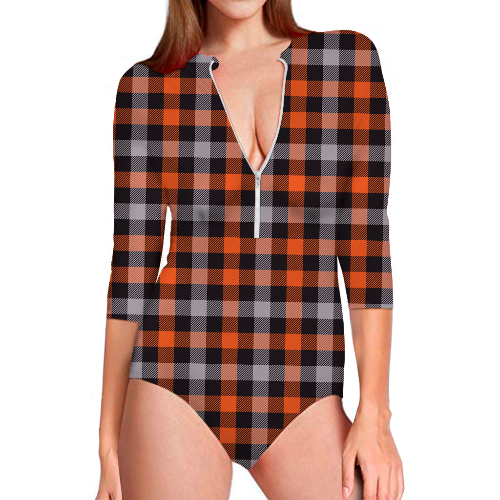 Halloween Buffalo Plaid Print Long Sleeve Swimsuit