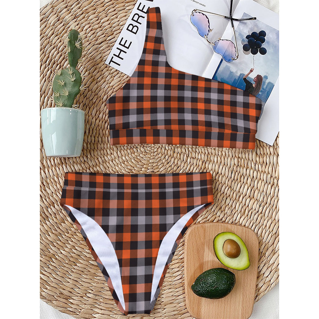 Halloween Buffalo Plaid Print One Shoulder Bikini Top