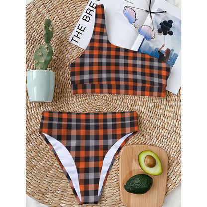 Halloween Buffalo Plaid Print One Shoulder Bikini Top