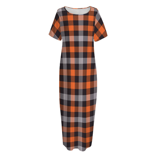 Halloween Buffalo Plaid Print Short Sleeve Long Nightdress