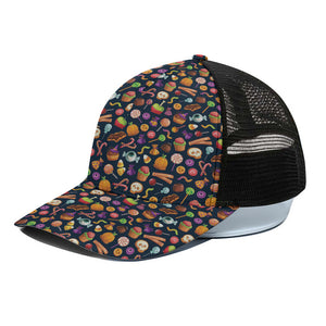 Halloween Candy Pattern Print Black Mesh Trucker Cap