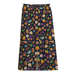 Halloween Candy Pattern Print Cotton Front Slit Maxi Skirt