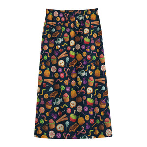 Halloween Candy Pattern Print Cotton Front Slit Maxi Skirt