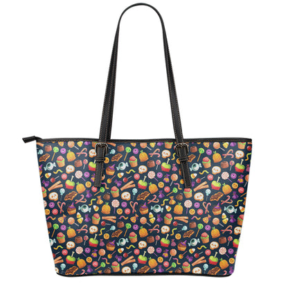 Halloween Candy Pattern Print Leather Tote Bag