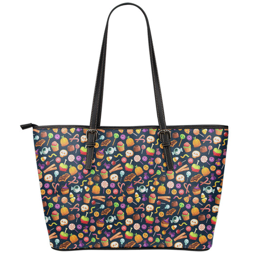 Halloween Candy Pattern Print Leather Tote Bag