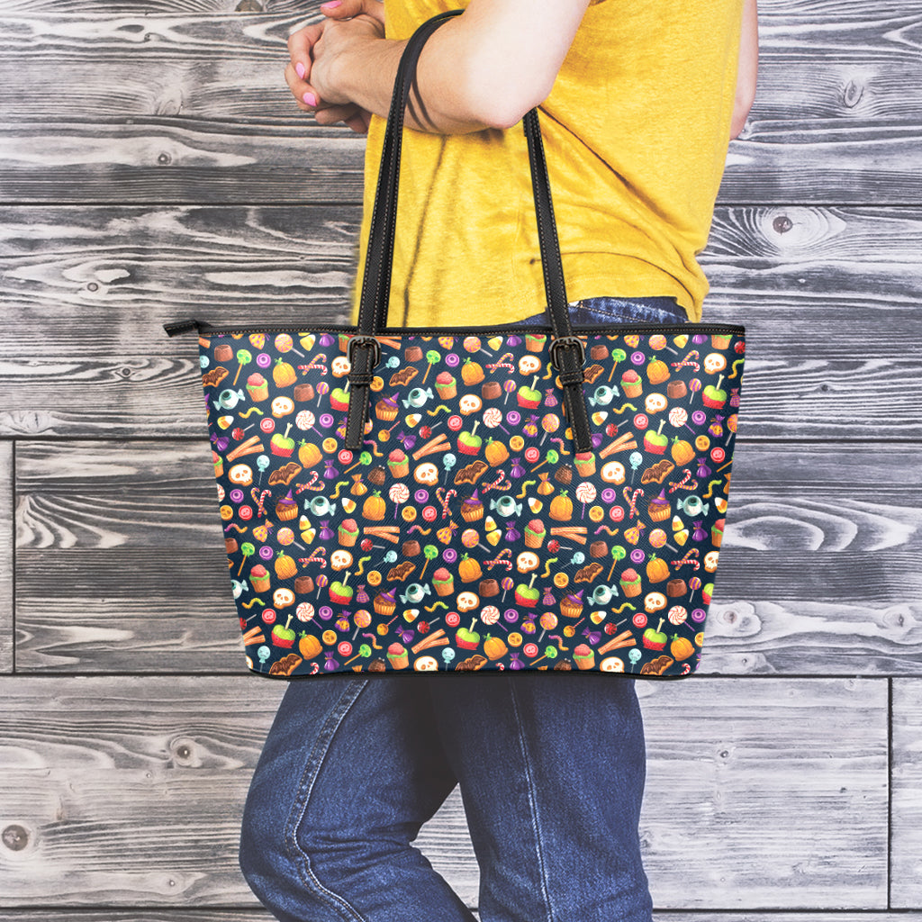 Halloween Candy Pattern Print Leather Tote Bag