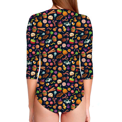 Halloween Candy Pattern Print Long Sleeve Swimsuit