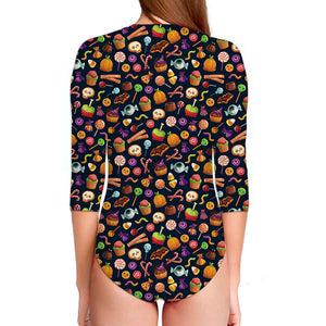 Halloween Candy Pattern Print Long Sleeve Swimsuit