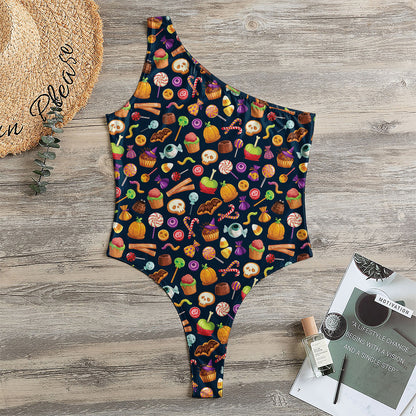 Halloween Candy Pattern Print One Shoulder Bodysuit