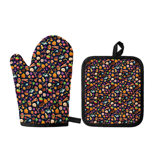 Halloween Candy Pattern Print Oven Mitt And Pot Holder Set