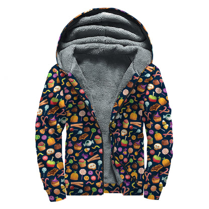 Halloween Candy Pattern Print Sherpa Lined Zip Up Hoodie