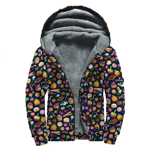 Halloween Candy Pattern Print Sherpa Lined Zip Up Hoodie