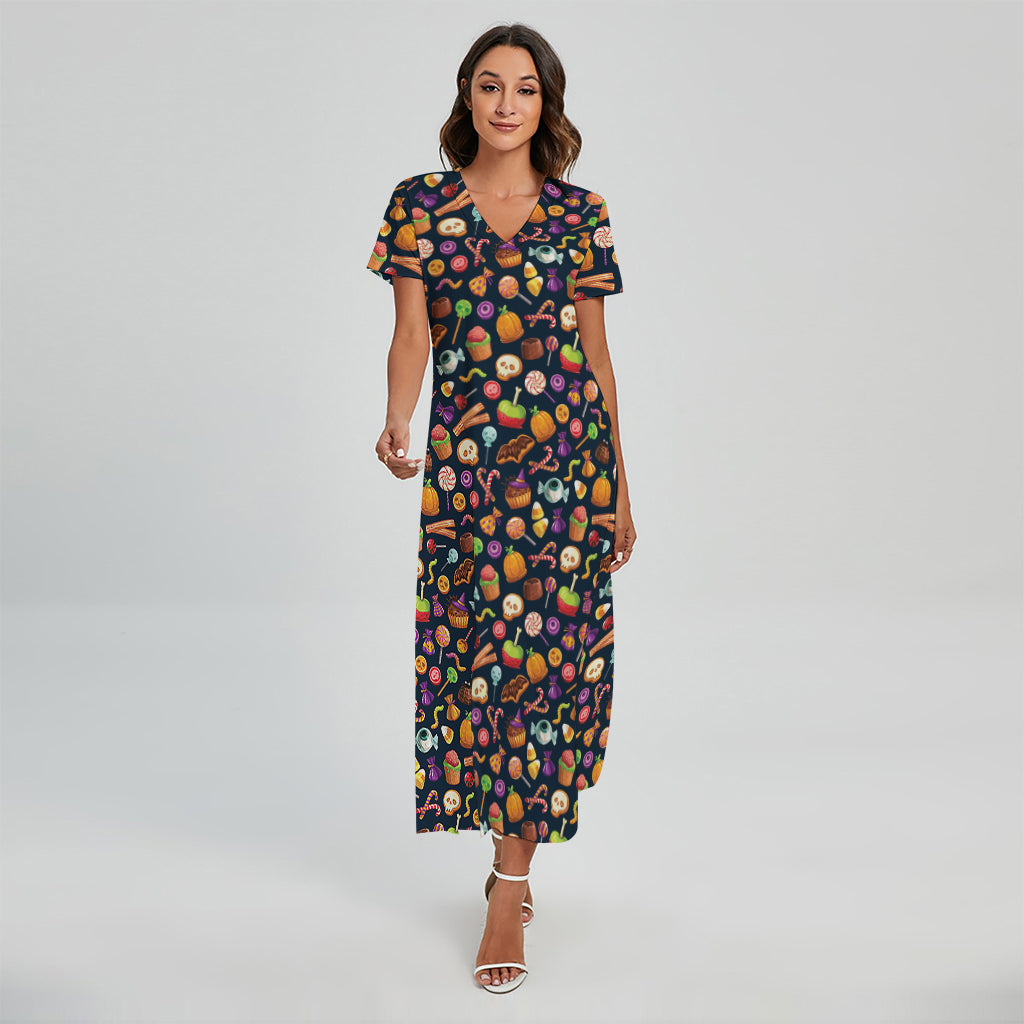 Halloween Candy Pattern Print Short Sleeve Maxi Dress