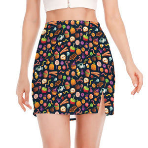 Halloween Candy Pattern Print Side Slit Mini Skirt