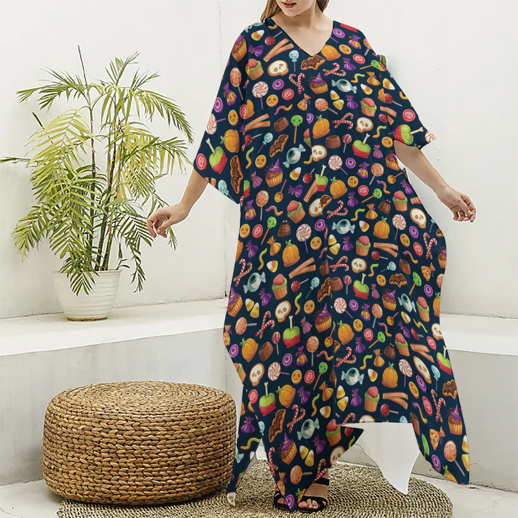 Halloween Candy Pattern Print Silk V-Neck Kaftan Dress