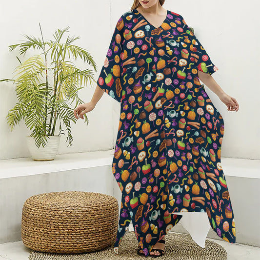 Halloween Candy Pattern Print Silk V-Neck Kaftan Dress