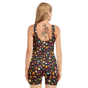 Halloween Candy Pattern Print Sleeveless One Piece Swimsuit