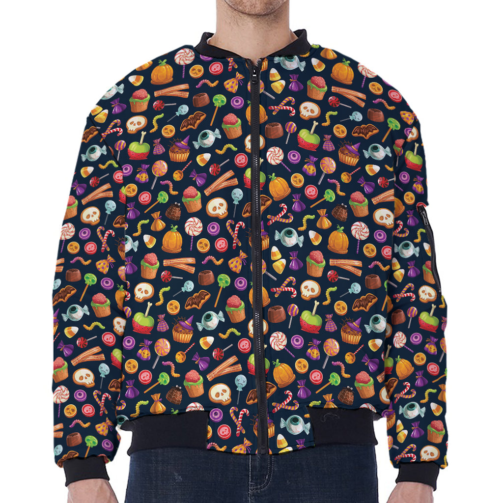 Halloween Candy Pattern Print Zip Sleeve Bomber Jacket