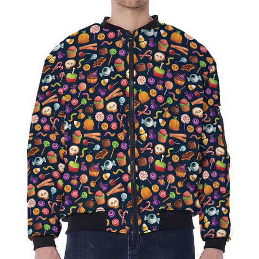 Halloween Candy Pattern Print Zip Sleeve Bomber Jacket