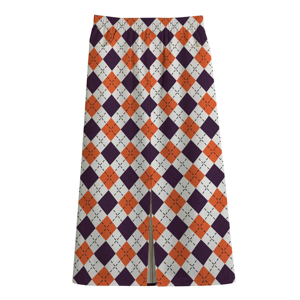 Halloween Checked Pattern Print Cotton Front Slit Maxi Skirt