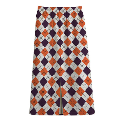 Halloween Checked Pattern Print Cotton Front Slit Maxi Skirt