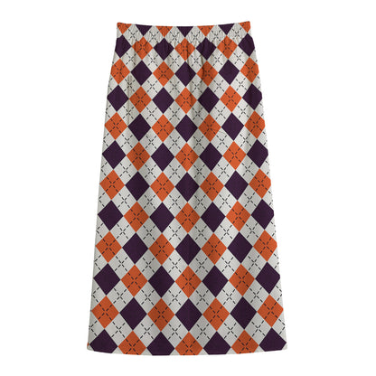 Halloween Checked Pattern Print Cotton Front Slit Maxi Skirt