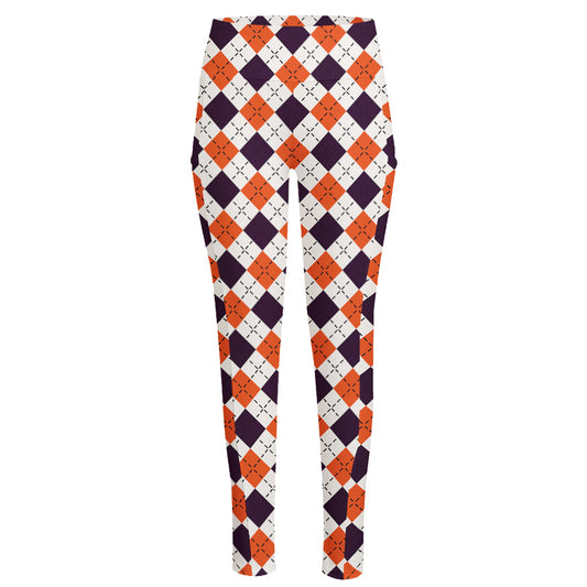 Halloween Checked Pattern Print High-Waisted Pocket Leggings